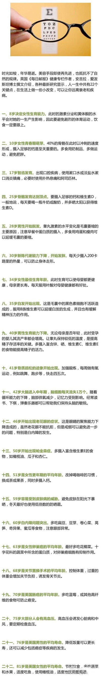 【一生22个衰老时间点】人一生中共有22个关键点，在生活上做一些小改变，可以让你远离衰老和疾病。