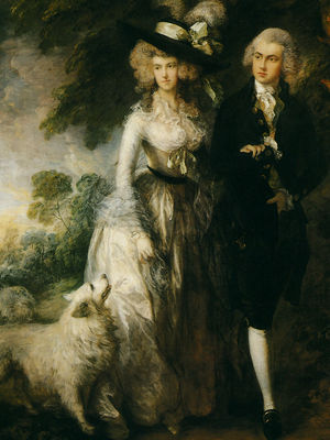 根兹巴罗的《清晨漫步》是根兹巴罗最著名的肖像画之一，画中人物是威廉。哈利特及其夫人伊丽莎白。根兹巴罗在这幅画中 把人物和景致交融一起，笔法明快，色彩和谐，颇富诗情画意。从画面左边的白毛狗、哈利特夫人薄雾似的衣裙、帽子上的装饰羽毛，到威廉。哈利特的假发，以及 彷彿融入天际的奇异风景，都处理得如同羽毛一般的轻盈。