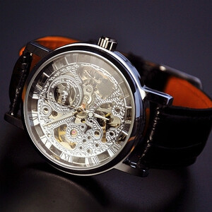 Mens Watch Steampunk Wrist Mechanical Watch Leather Silver - Anniversary Gifts for Men (WAT0083-SILVER)的图片