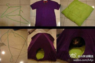 【懒人有懒招：秒搭喵星人帐篷！】用一件旧衣服，两个旧衣架和一个旧座垫打造速成猫帐篷~~