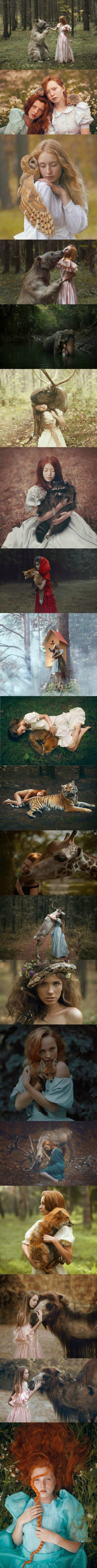 这组图片是一位来自俄罗斯的摄影师拍摄的。被拍摄的动物都是真的，在照片中显得既自然又唯美，好像真的和人能够沟通一样，可想而知拍摄过程有多艰辛