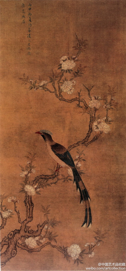 花鳥畫#【 明 凌必正 《碧桃春鳥圖》 】立軸,絹本設色,110.3×53.