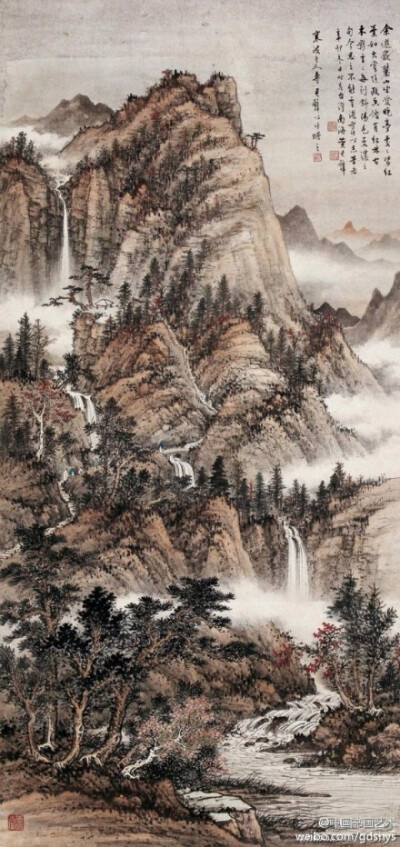 #国画#【 黄君璧《秋山红树图》】此轴采用全景式构图，崇山叠嶂，山势连绵，山间林木葱郁，飞瀑如练，溪流蜿蜒。为了表现秋山红叶，画家以赭石渲染山石，甚至直接以朱砂点树丛，呈现出一派秋日层林尽染之美景。