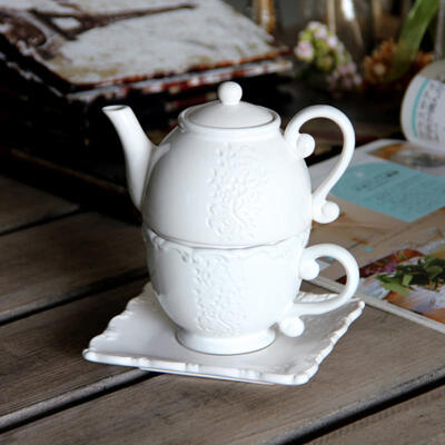 zakka法式浪漫白色浮雕咖啡壶杯碟三件套宜家复古餐具欧美红茶壶