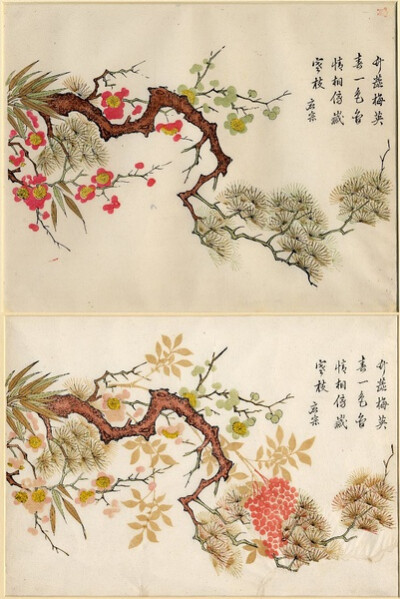丁应宗（一般认为是丁亮先的另一个名字）的《岁寒三友》。下面这个版本用色更浅淡，但多套印了一枝南天竹