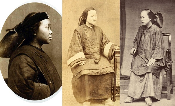 左边是远东杂志1870年左右拍摄的宁波妇女。右边是爱德华邦斯德鲁（杜德维）约1879年在宁波海关工作时拍摄或收藏的妇女照片。第二张和第一张几乎打扮是一模一样的。第一张照片在西方影响甚广，拍末代皇帝的时候也用了这种大扫把一样的发型，某几部港片中也有用。