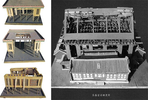 右：长春宫凉棚烫样，夏季室外炎热，内务府会在有些活动进行前在院中搭起凉棚覆苇席，罩住整个院落。左：阅是楼彩棚烫样，可能是为慈禧万寿庆典而装，做工精细，屋顶为平台。平面为凹字形，凹处为畅音阁