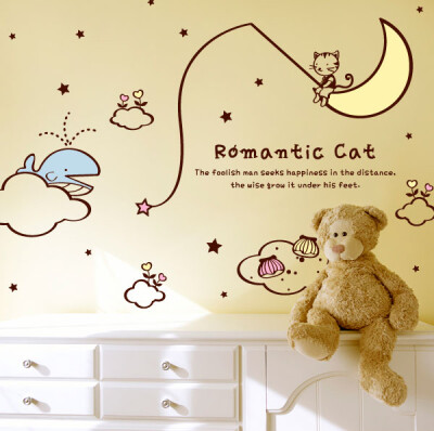 romantic cat 浪漫猫钓鱼贴纸 海豚卡通儿童房墙贴 韩版雅风墙贴