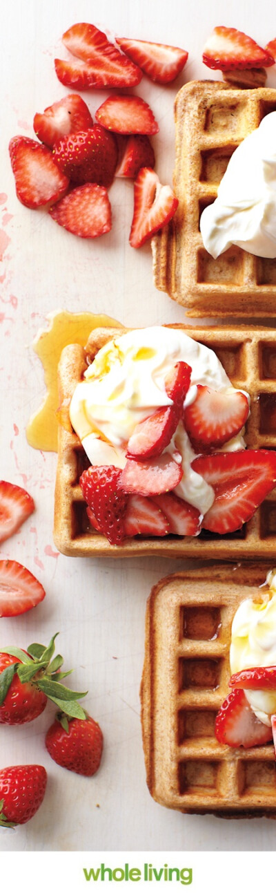 Whole-Grain Waffles with Sliced Strawberries &amp;amp; Yogurt: The batter whisks up so light, it’s to believe the waffles are fully whole-wheat, Wholeliving.com look at the strawberry!! //me
