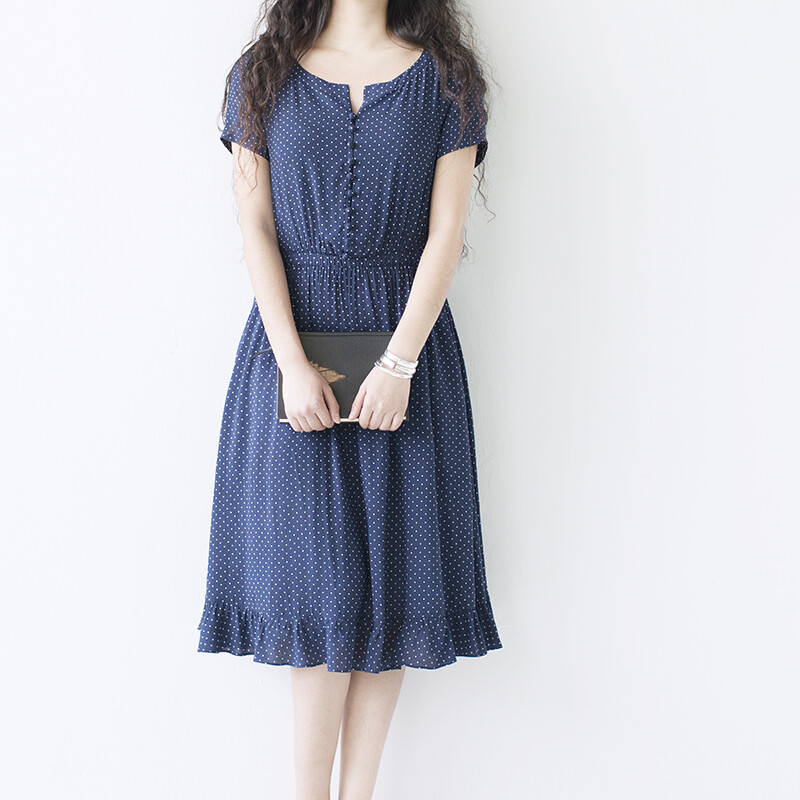 鱼岛主人复古点点木耳摆短袖连衣裙Q