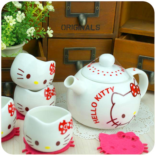 Hello kitty 凯蒂猫 可爱 卡通 茶壶 茶具 整套茶具 陶瓷5件套