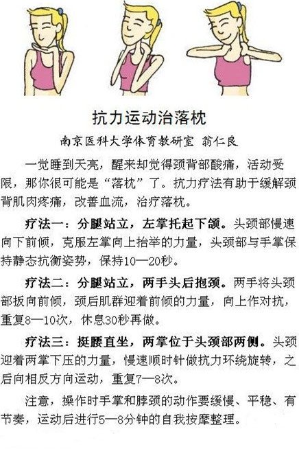 【落枕了，试试抗力运动】一觉睡到天亮，醒来后却觉得颈背部酸痛，活动受限？那你很可能是“落枕”了。抗力疗法有助于缓解颈背肌肉疼痛，改善血流，治疗落枕。