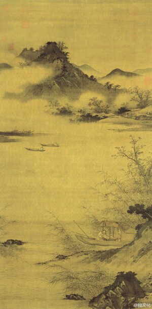 #书画#丁玉川《渔乐图》这幅画采用元代典型的“一河两岸”横图，空阔的河面将画面切割成上下两段，前景是长满芦苇的坡岸，远景则为弥漫云雾的低矮山峦。岸边停泊一艘渔船，有文人在船上饮酒，一副悠闲自乐的模样。