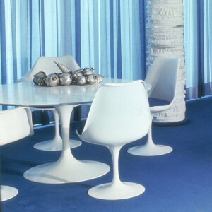 芬兰裔设计师Eero Saarinen在1956年完成这张著名的TULIP CHAIR。椅子典雅、清秀的外形令人惊叹，它不但是一张椅子，更被视作一件放置在家中的艺术品。美国国家现代艺术博物馆在1969年收藏了这件作品，并授予它当年的设计大奖。