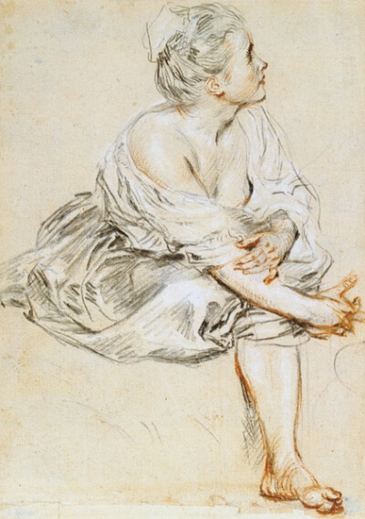 让-安托万.华托：《坐着的年轻女子》。约1716年。三色素描；红色、黑色和白色粉笔，淡黄色纸，25.5×17.1厘米。纽约皮尔蓬特.摩根图书馆