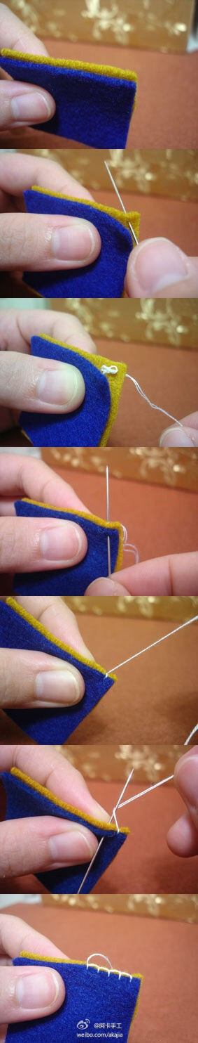 【不织布】毛边缝是不织布作品最常用针法： 第一针时候，先从下面穿过两块布，第二针从下面穿出来，你刚刚穿过点旁边，这时针先不要拉出来，把线绕过针头後再把针拉出来，点与点距离大概2mm为最佳!