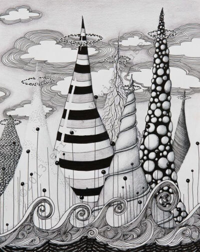 Fantasyscape Black and White India Ink and Colored Pencil Drawing