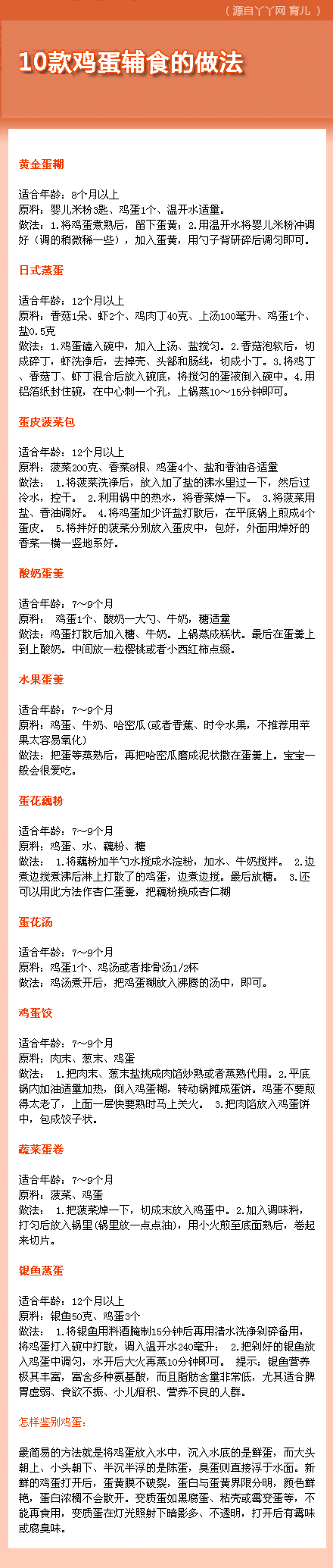 【10款鸡蛋辅食】宝宝从添加辅食后就应该每天吃鸡蛋。可是天天同样的做法，有没有吃腻呢？有的宝宝已经开始厌烦了鸡蛋。10款鸡蛋的做法详见图~