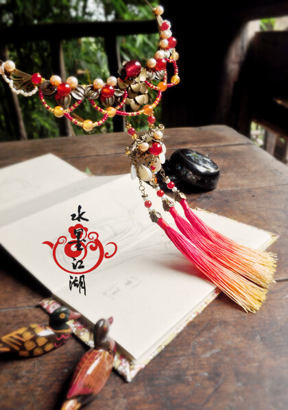 水墨江湖红鱼玛瑙珍珠手工染色流苏项圈