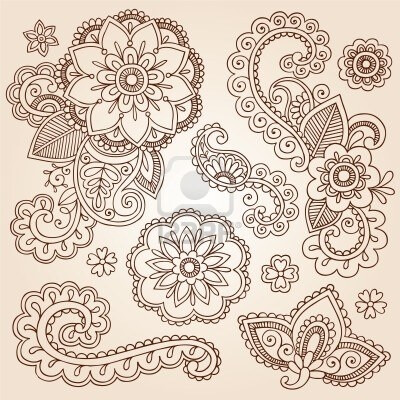 Henna Paisley Mandala Flowers Mehndi Tattoo Doodles Set Stock Photo