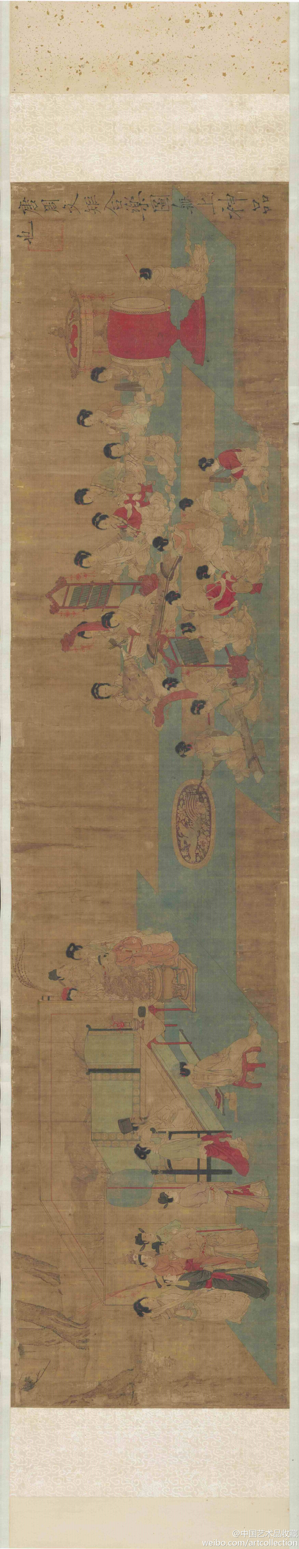 #工笔人物#【 五代 周文矩 《合乐图》 】卷，绢本设色，41.9×184.2cm，芝加哥艺术学院藏。 此图旧传为周文矩作。与 《韩熙载夜宴图》卷有重大联系。这不仅是此图在绘画风格上与《韩》卷极为类似，而且在画面内容上也符合画史事实。应该是失传已久的周文矩笔《韩》的部分。是现《韩》宋人摹本的母本。