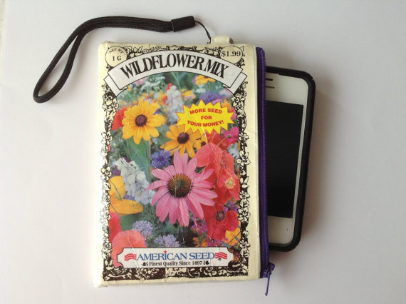 Stadium Bag Small Clutch / Cell Phone / iphone Wristlet - Upcycled Wildflower Mix Seed Packet Zippered Pouch