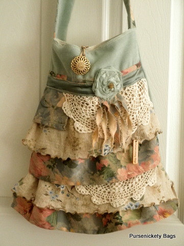 Gypsy Bag, large Shabby Chic bag, soft thick green floral, cream and doilies