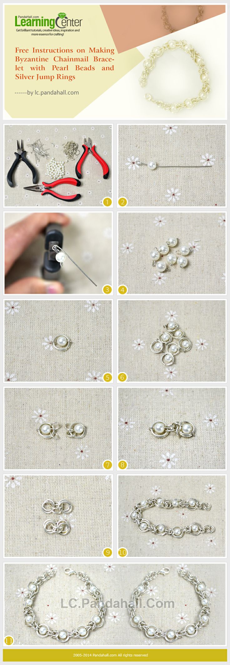 Free Instructions on Making Byzantine Chainmail Bracelet with Pearl Beads and Silver Jump Rings