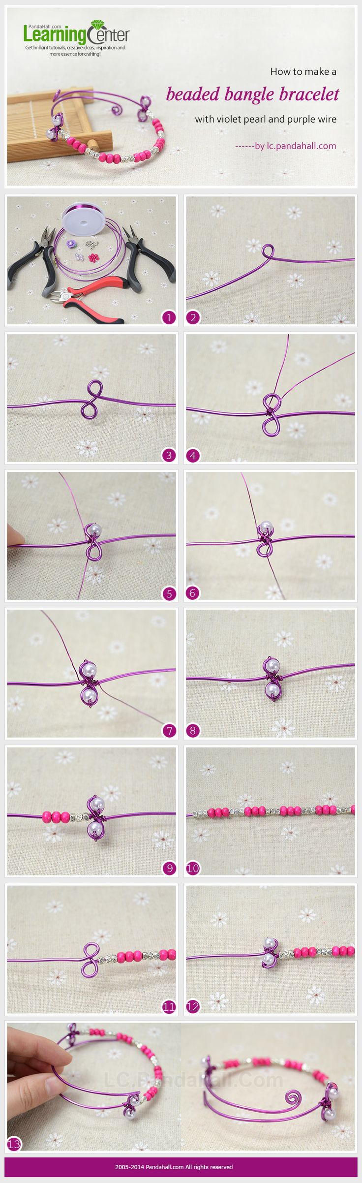 How To Make a Beaded Bangle Bracelet with Violet Pearl and Purple Wire