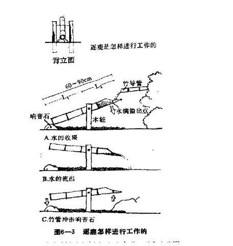  日本园林中一竹制小品名“逐鹿”，利用杠杆原理，当竹筒上部注满水后，自然下垂倒空筒中水，而后再翘头，回复原来的平衡，尾部击打在撞石上，发出清脆声响，颇为有趣。该小品以静制动，宁静致远，是日本庭院中的代表元素之一。 常与石制水钵搭配造景。 添水watering又名僧都（そうず） 鹿威し利用储存一定量的流水使竹筒两端的平衡转移，然后竹筒的一段敲击石头发出声音，声音是用来惊扰落入庭院的鸟雀、野猪等。但后来在日本庭园中，形成了一种景观的设计，而原来赶走鸟类的竹子声音，也透过竹子和水两种纯洁的象徵而转变成为一种净化心灵的表现。汉字也借用「添水」和「僧都」两词表达其含意。