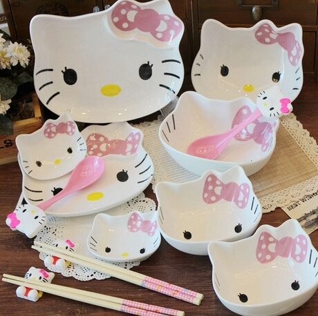 kt餐具创意可爱陶瓷餐具骨瓷碗套装hellokitty儿童卡通16头筷勺盘