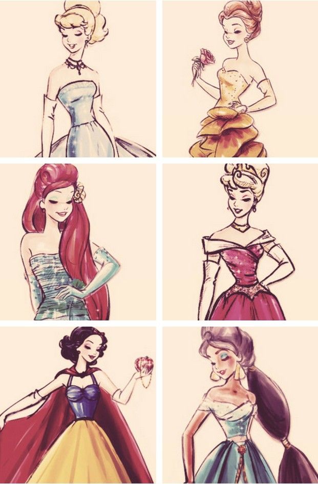 Disney princess sketches, and beautiful ones at that. I love how Aurora 's dress in these sketches is always essentially the same. Why mess with a good thing?