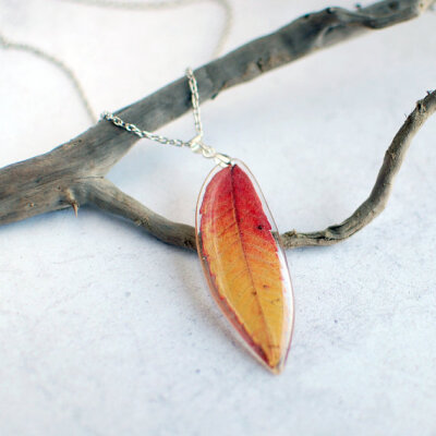 autumn necklace pressed leaf necklace, real leaf jewelry Autumn fall jewelry, ombre red- fall trends, gift for a woman, gift under 40