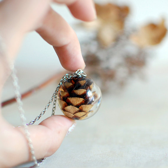 Resin jewelry ball sphere necklace, pinecone necklace autumn fall jewelry/nature necklace, gift for a woman, gift under 45