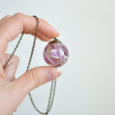 Resin sphere necklace- real flower jewelry- pink chrysanthemum petals- eco resin jewelry- gift for a woman, gift under 45