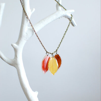 Pressed leaf Autumn Fall resin necklace -real leaf jewelry yellow, red, brown trio -nature inspired jewelry, gift for a woman, gift under 35