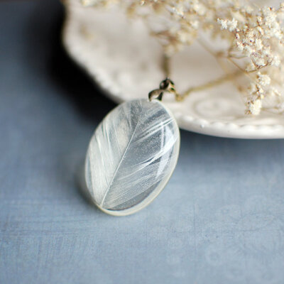 Feather necklace, resin jewelry- natural white real feather, bridal jewelry, gift for a woman, gift under 35