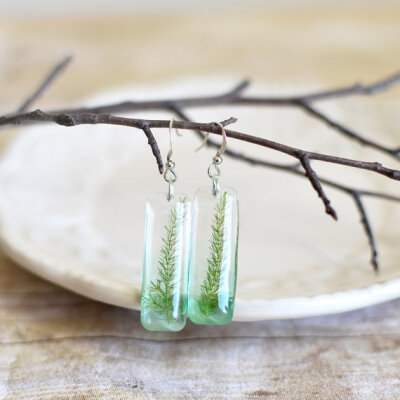 Fern earrings, fern jewelry, nature jewelry, pressed leaf, green earrings, eco resin, resin jewelry, gift under 30