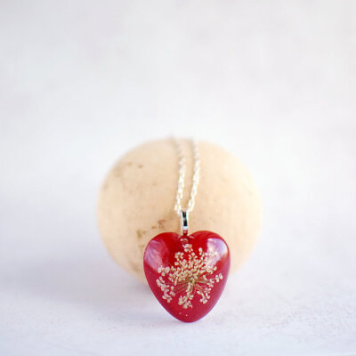 Red Heart Necklace - White Queen Anne's Lace Flower botanical pendant, romantic jewelry, gift for a woman, gift under 35