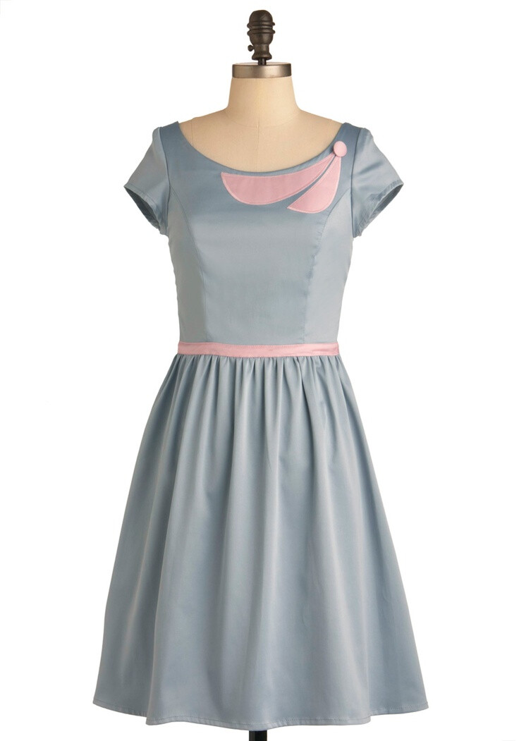 Decisions, Decisions Dress - Mid-length, Grey, Pink, Solid, Buttons, Party, A-line, Vintage Inspired, 50s, Short Sleeves