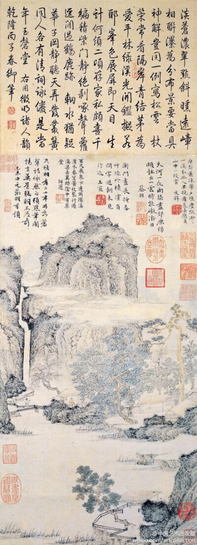 #明四家#【 明 文徵明 《绿萌草堂图》 】立轴，纸本设色，58.2×29.3cm。 此图绘山中村落之景，于崇山环抱中见开阔。一瀑飞泻，汇成清清池塘。村居数间皆掩映于绿荫之下。山中闲居，有客拄杖来访。其意态优容，尽显隐…