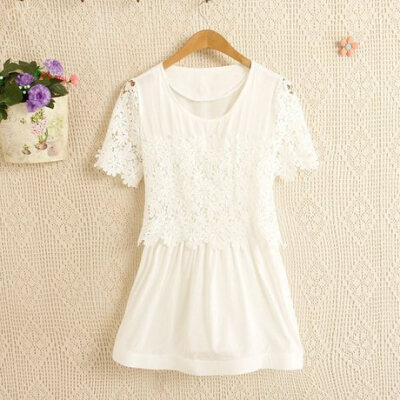 白色夏季新款 镂空蕾丝钩花假两件套韩版圆领女连衣裙修身