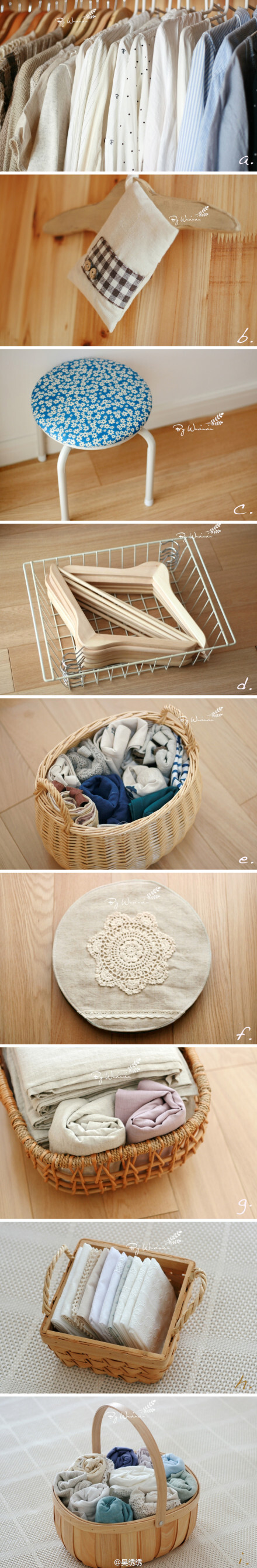 ”衣帽间整理大作战“完成报告：a.一部分衣服／b.衣橱香包／c.改造后的小脚凳／d.多余的衣架收纳／e.各种布包／f.旧包改成体重计防尘盖／g.常用的床品／h.手帕／i.背心们。心得：收纳整理没有完全的标准，适合自家环境结构和使用习惯最好，且需要不断地调整和改善，扔也许最方便而再利用则考验智慧。