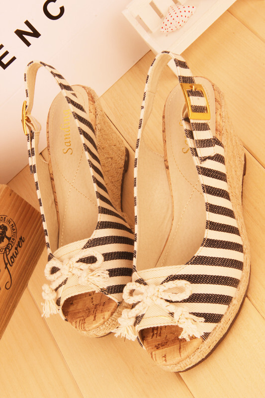 日本海军条纹百搭蝴蝶结鱼嘴麻绳平底凉鞋女鞋坡跟鞋