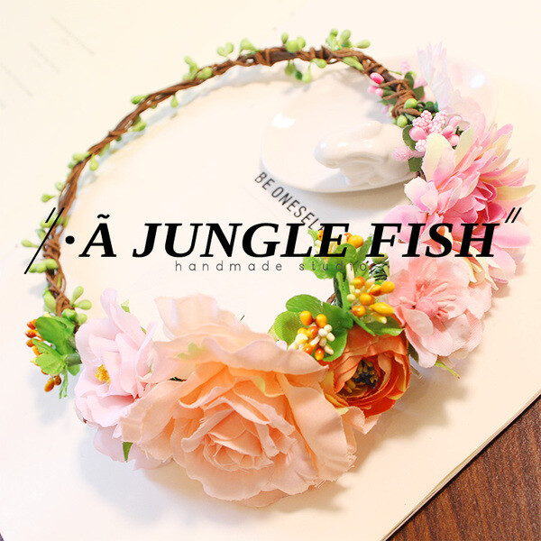 junglefish原创森女 玫瑰 雏菊 花环头饰 写真度假风婚礼 花环 粉