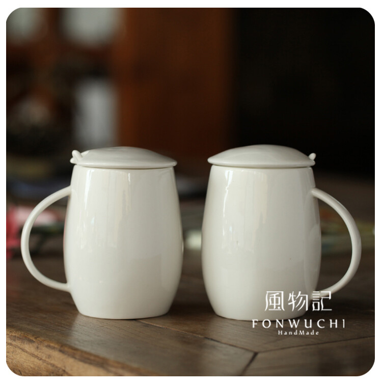 【风物记】白色马克杯咖啡杯牛奶杯陶瓷骨瓷杯子送勺子盖子一对入