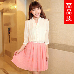 2014春夏新款修身显瘦七分袖雪纺连衣裙 淑女宽松气质拼接百褶裙