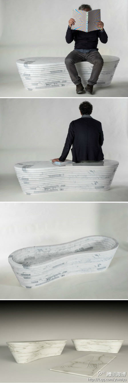 #亚太.创意设计#Land is a bench for indoor and outdoor use formed by overlap of a series of concentric rings made by two slabs of white Carrara marble cut by water jet. This processing allows to obtain a three-dimensional hollow volume using a minimal amount of natural material.