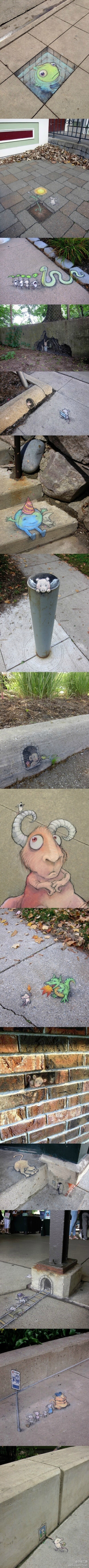 艺术家David Zinn的街头画，萌态可掬又聪明伶俐的小老鼠们！