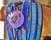 UNDER THE SEA 5 Wrap Blue Leather Bracelet featuring ,Japanese Miyuki Delica Beads &amp;amp; a Vintage Czech Glass Seahorse Lavender/Silver Button